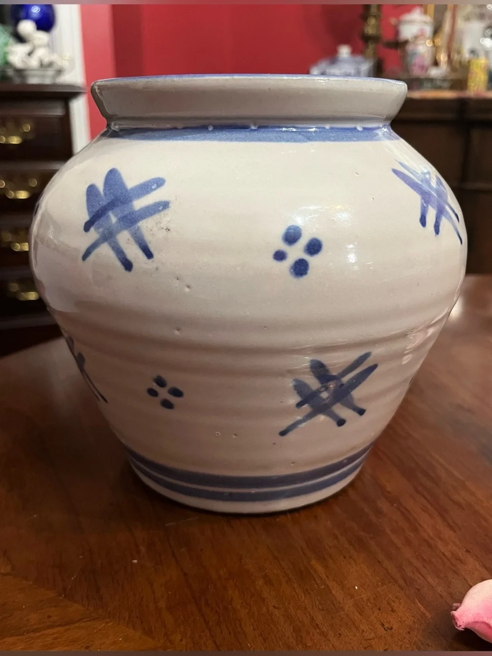 VTG Tury Studio Art Pottery Salt Glaze Vase Cobalt Blue Folk Art Pattern